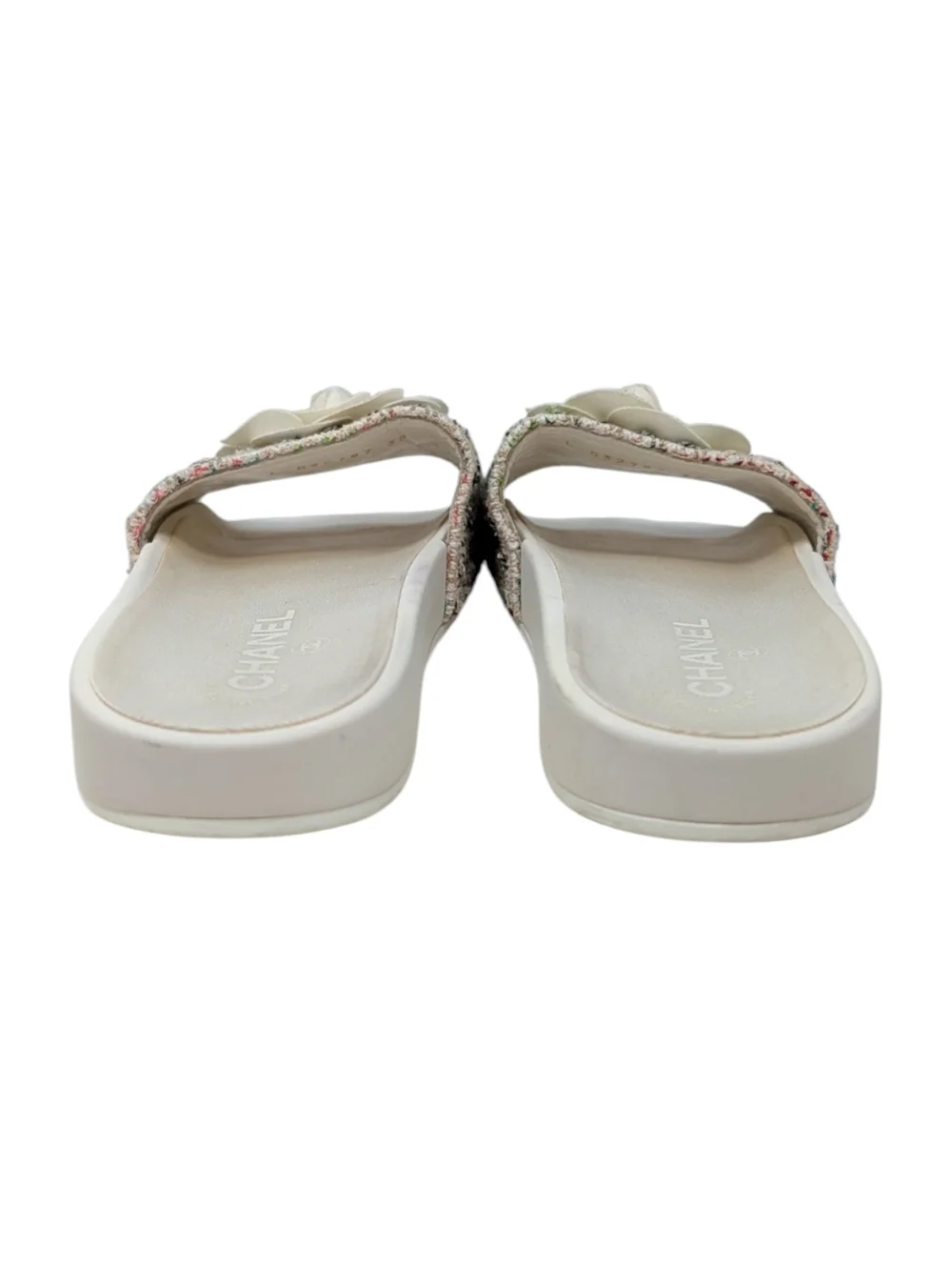 Chanel Camellia Tweed CC Logo Slide Rainbow White Rubber Pool Sandal 38 | 7.5 - Picture 5 of 13